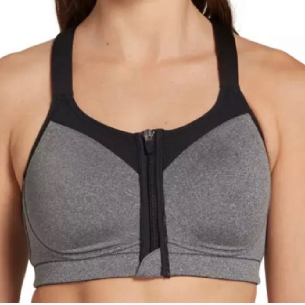 Calia by Go All Out Front Zip Sports Bra high intensity gray black 36DD